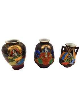 3 Hand-Painted Japan Satsuma Miniature Vases With Gold Accents Geisha Art Takito